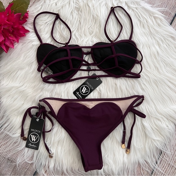 T1-- NWT purple WILDFOX Amora heart mesh strappy bikini top set bottom MEDIUM - Picture 8 of 11